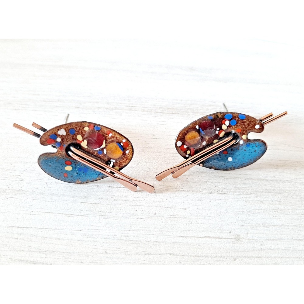 Vintage Renoir Matisse Copper Clip-on Earrings Artist Palette Design - Picture 5 of 9